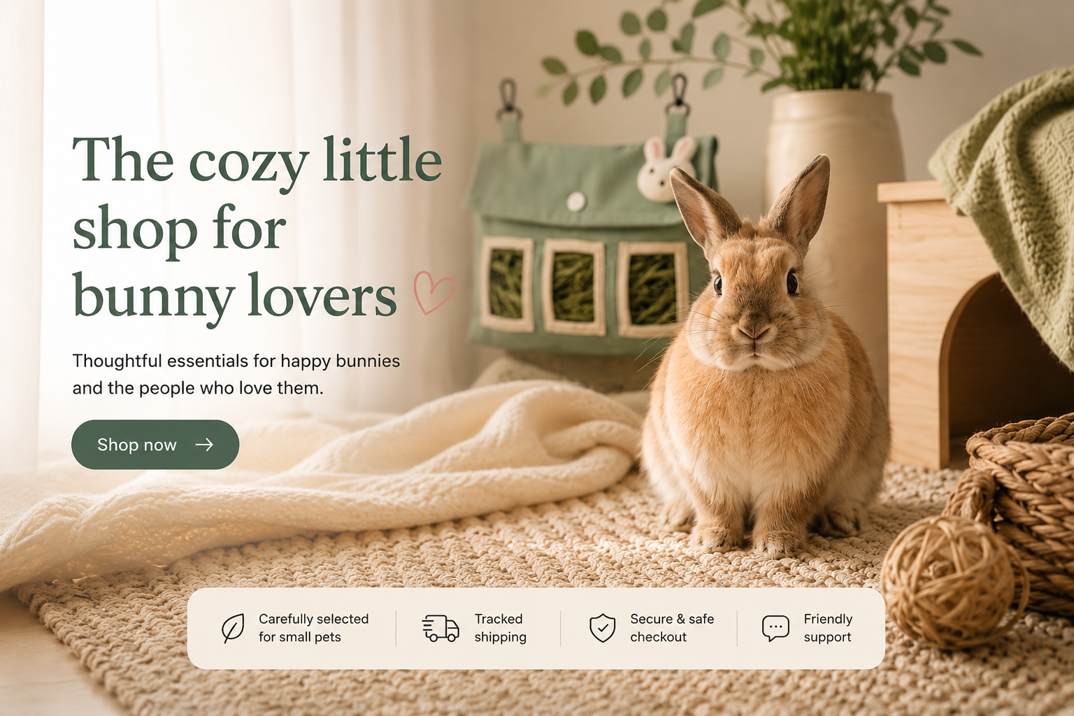 Cozy bunny resting on a soft cream blanket in a sunlit home