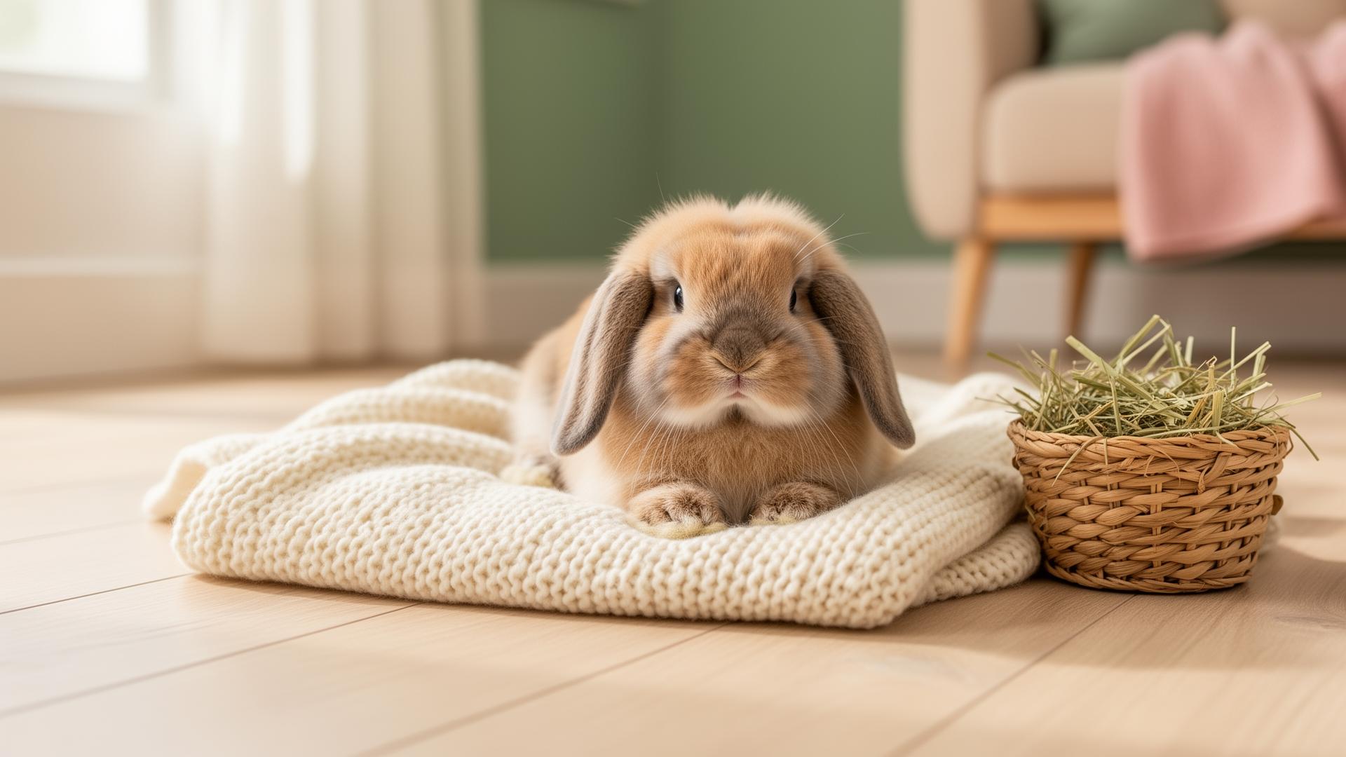 Cozy bunny resting on a soft cream blanket in a sunlit home